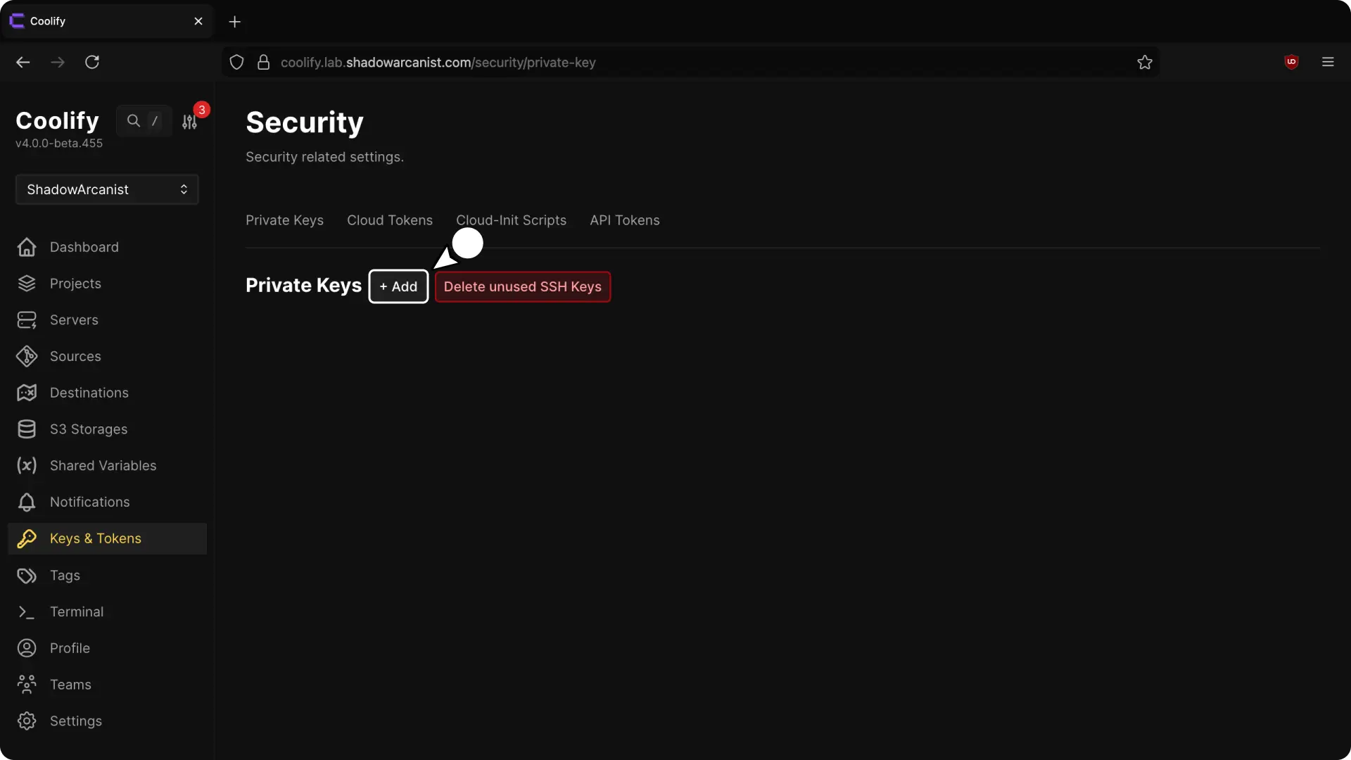 Adicionar nova chave privada no Coolify